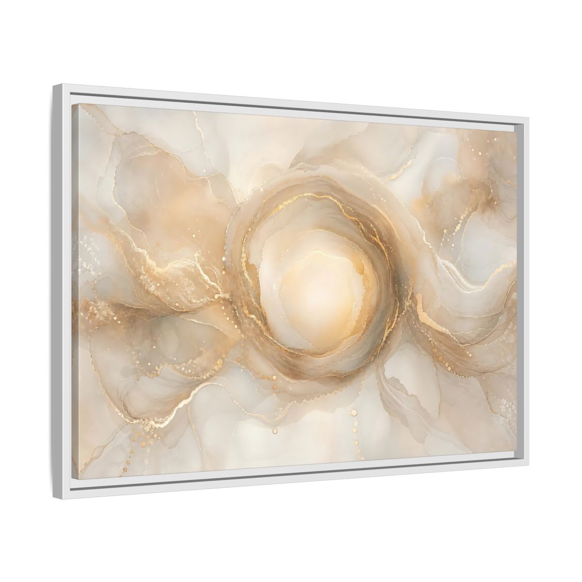 Side Mockup 10. Abstract Fluid Art Gold And Beige shown as stretched canvas wall art