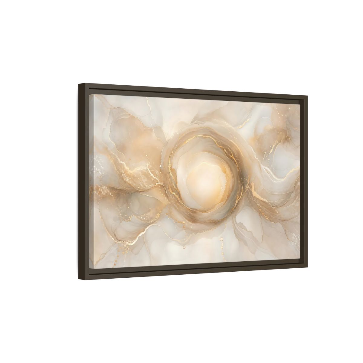Side Mockup 2. Abstract Fluid Art Gold And Beige shown as stretched canvas wall art