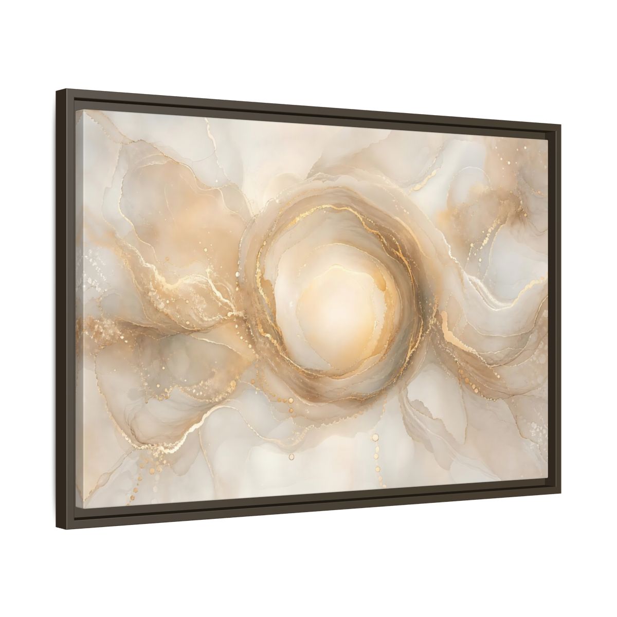 Side Mockup 11. Abstract Fluid Art Gold And Beige shown as stretched canvas wall art
