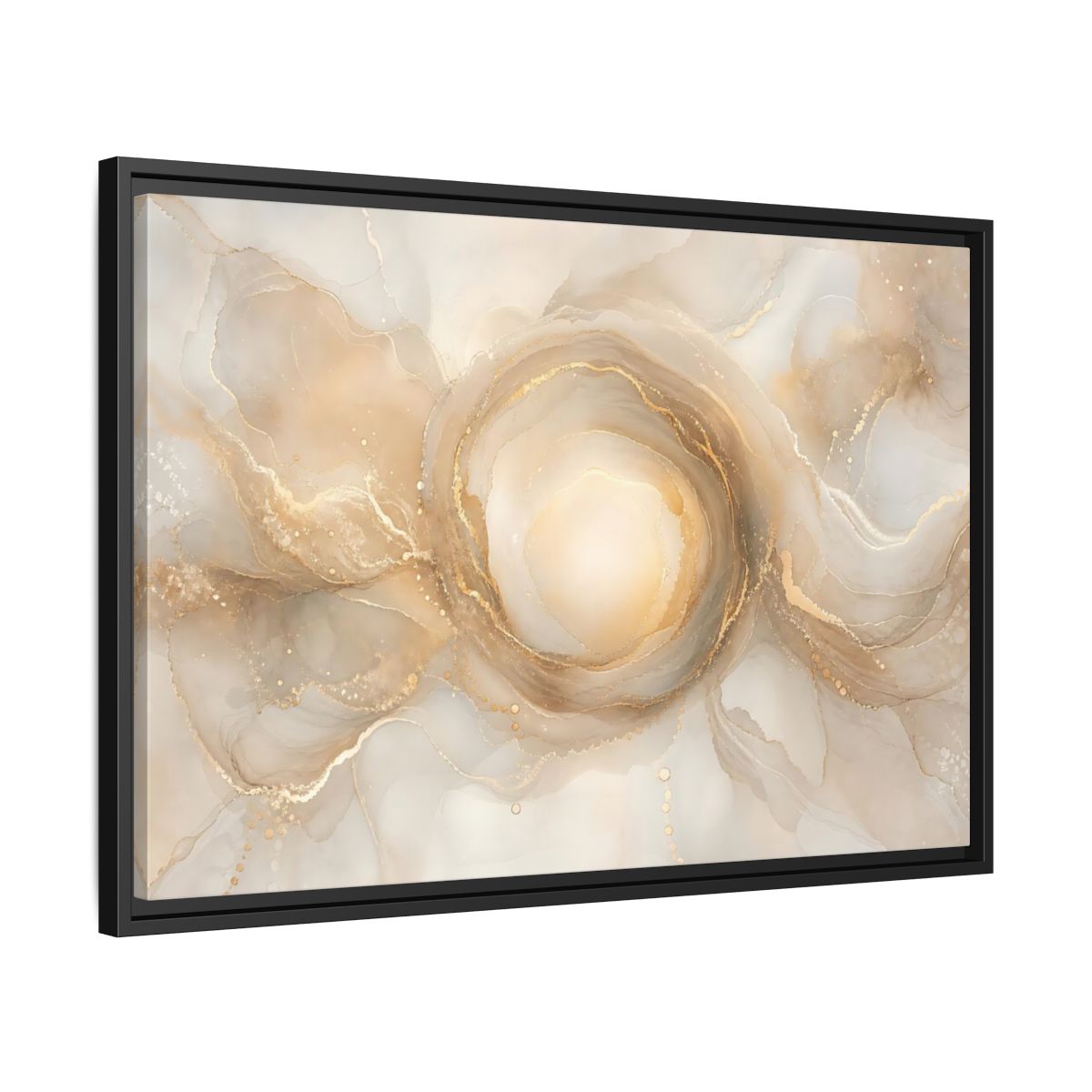 Side Mockup 14. Abstract Fluid Art Gold And Beige shown as stretched canvas wall art