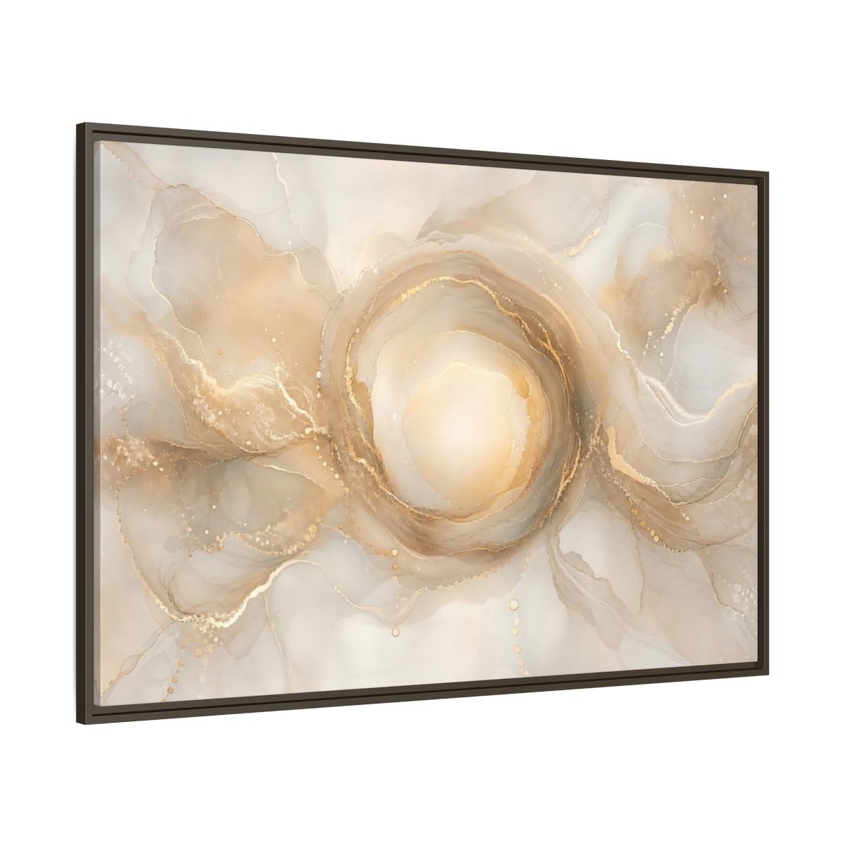 Side Mockup 8. Abstract Fluid Art Gold And Beige shown as stretched canvas wall art