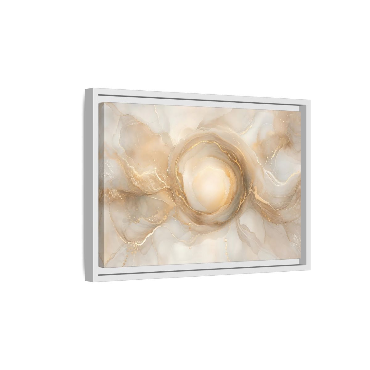 Side Mockup 4. Abstract Fluid Art Gold And Beige shown as stretched canvas wall art