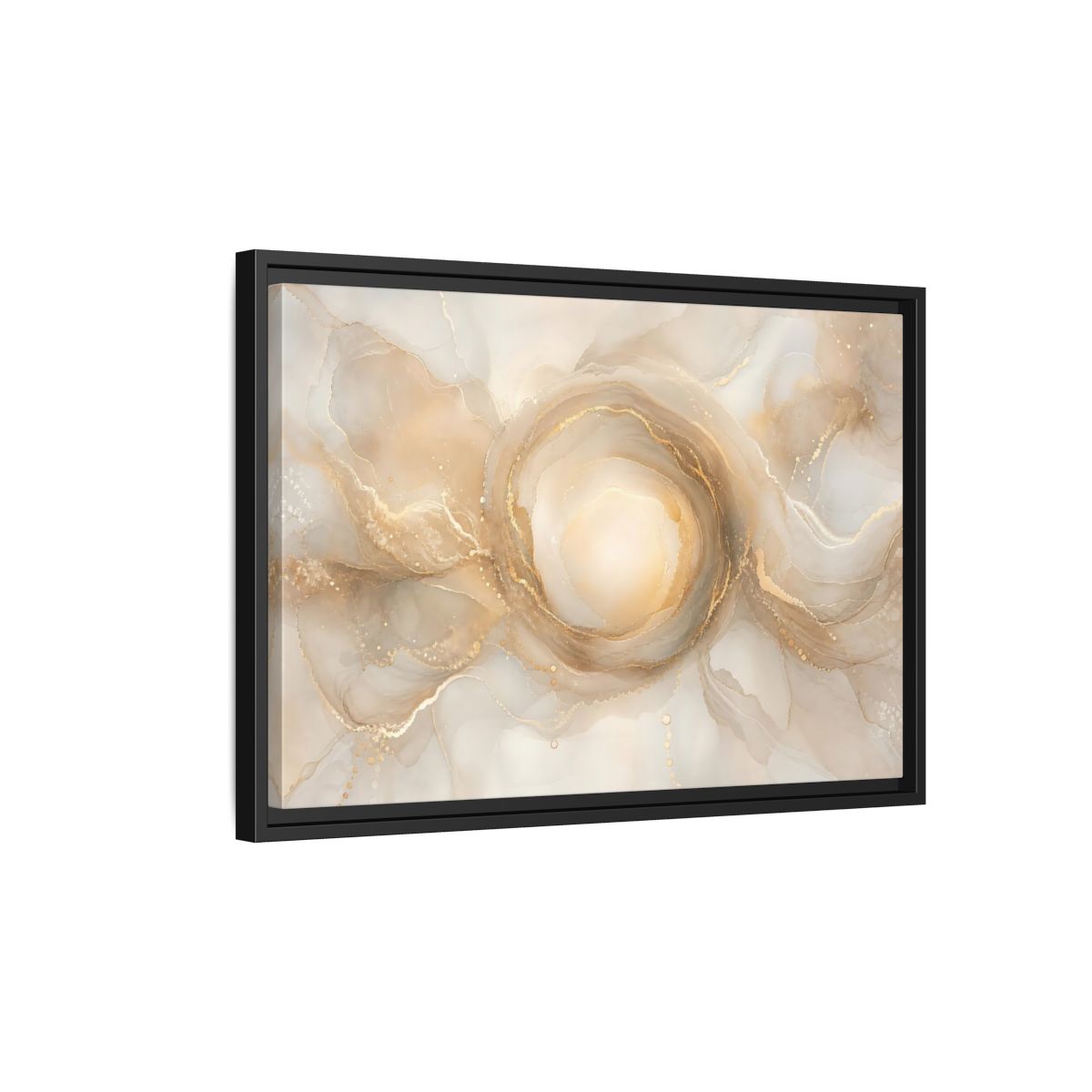 Side Mockup 3. Abstract Fluid Art Gold And Beige shown as stretched canvas wall art