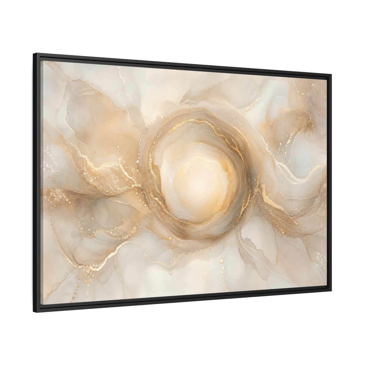 Side Mockup 12. Abstract Fluid Art Gold And Beige shown as stretched canvas wall art