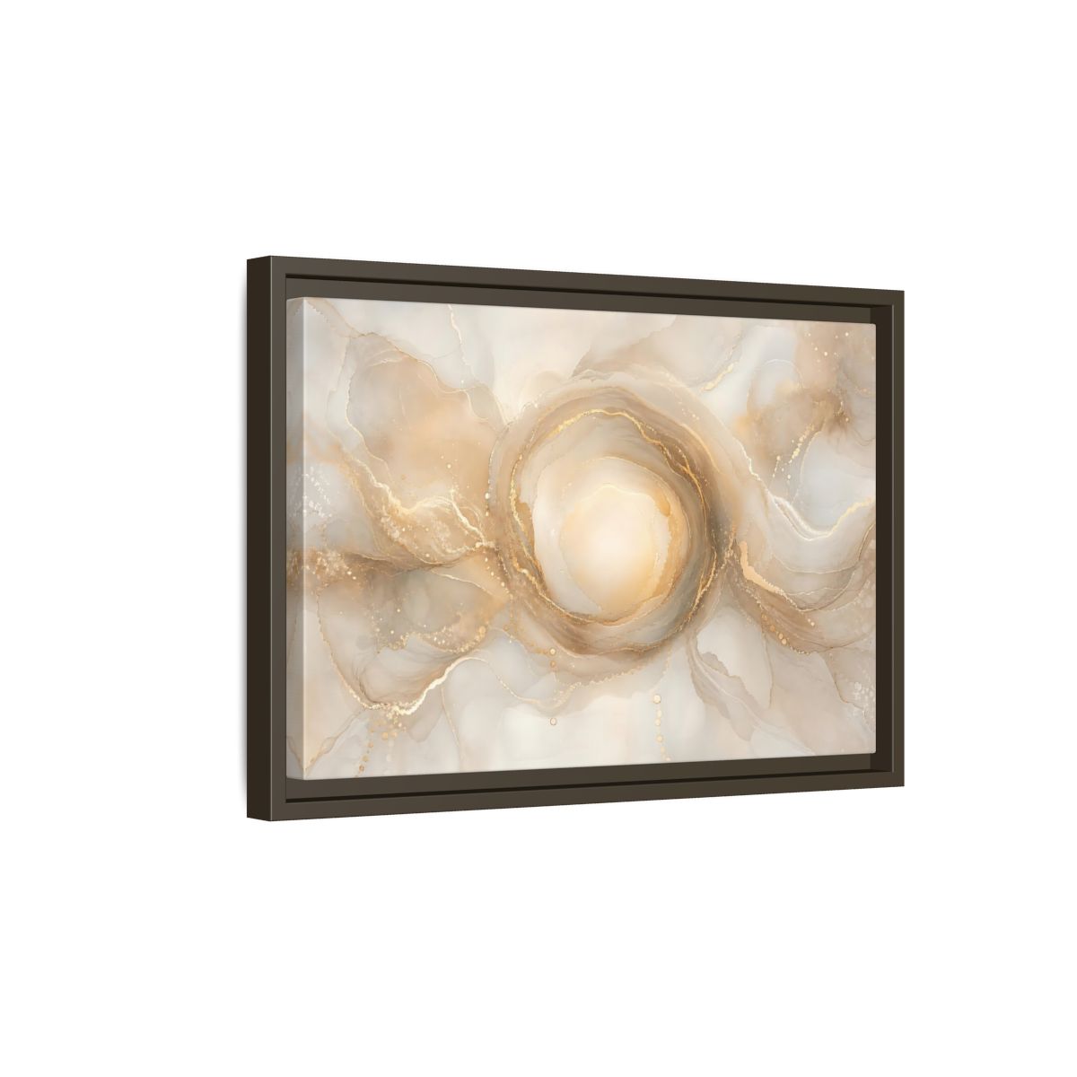 Side Mockup 5. Abstract Fluid Art Gold And Beige shown as stretched canvas wall art