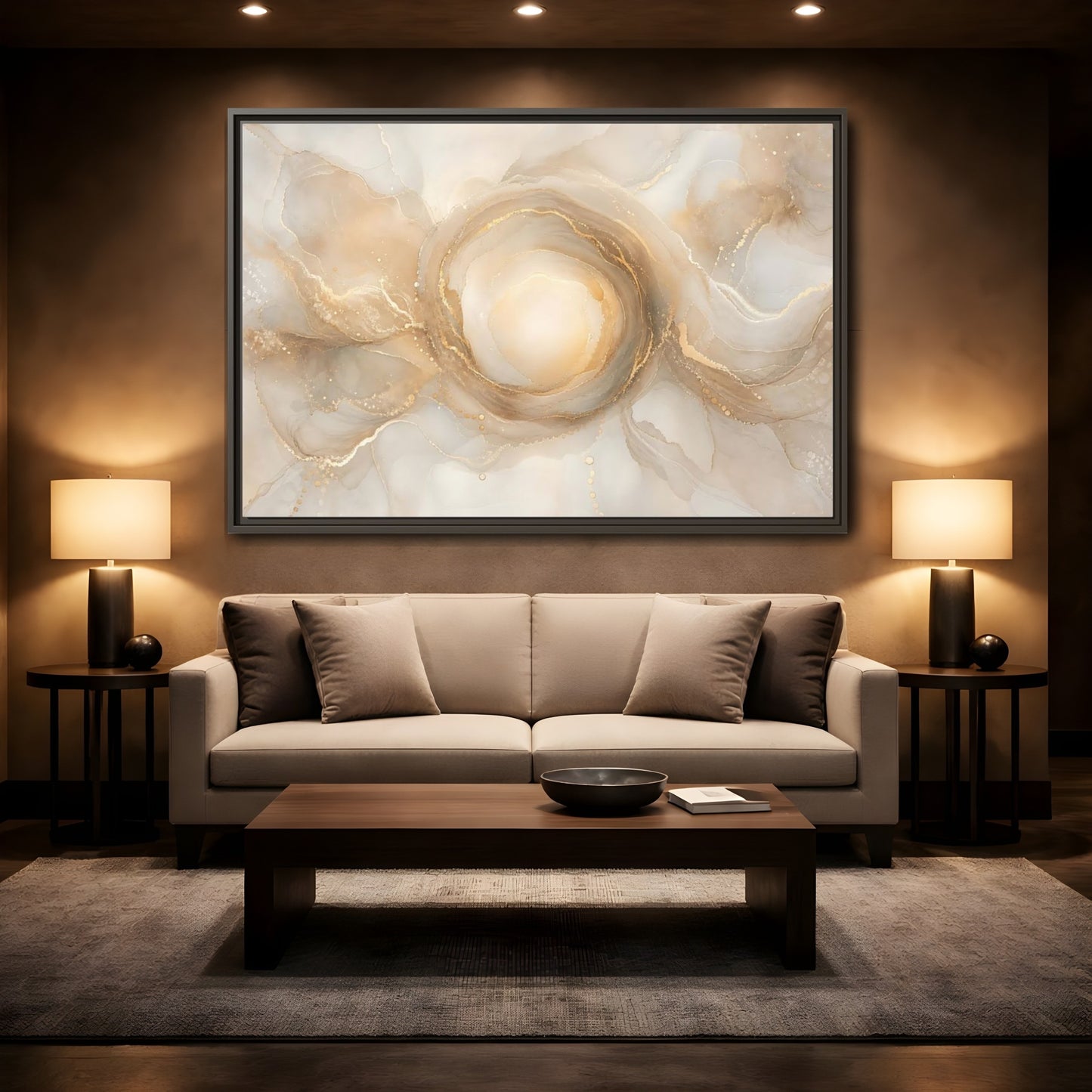 Mockup 2. Abstract Fluid Art Gold And Beige shown as stretched canvas wall art