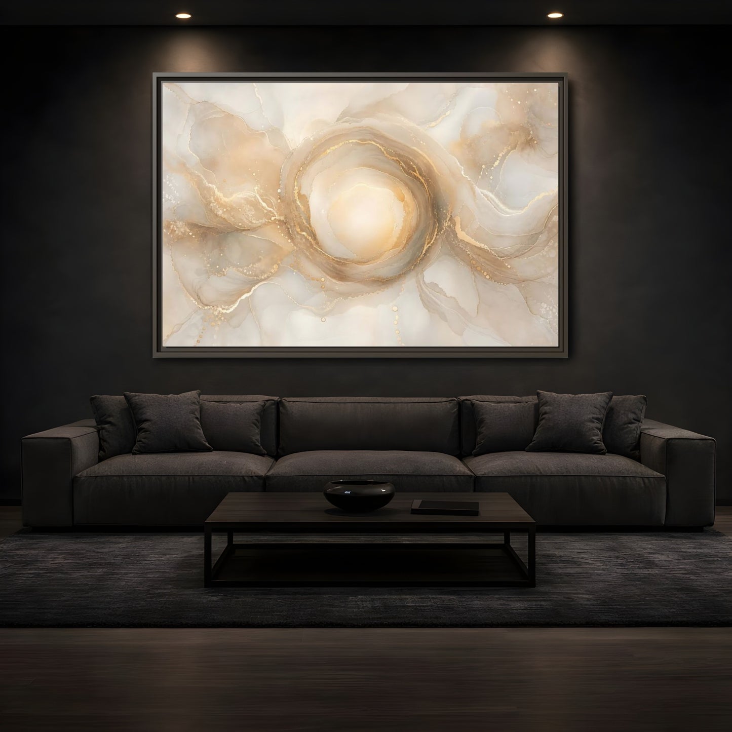 Mockup 3. Abstract Fluid Art Gold And Beige shown as stretched canvas wall art