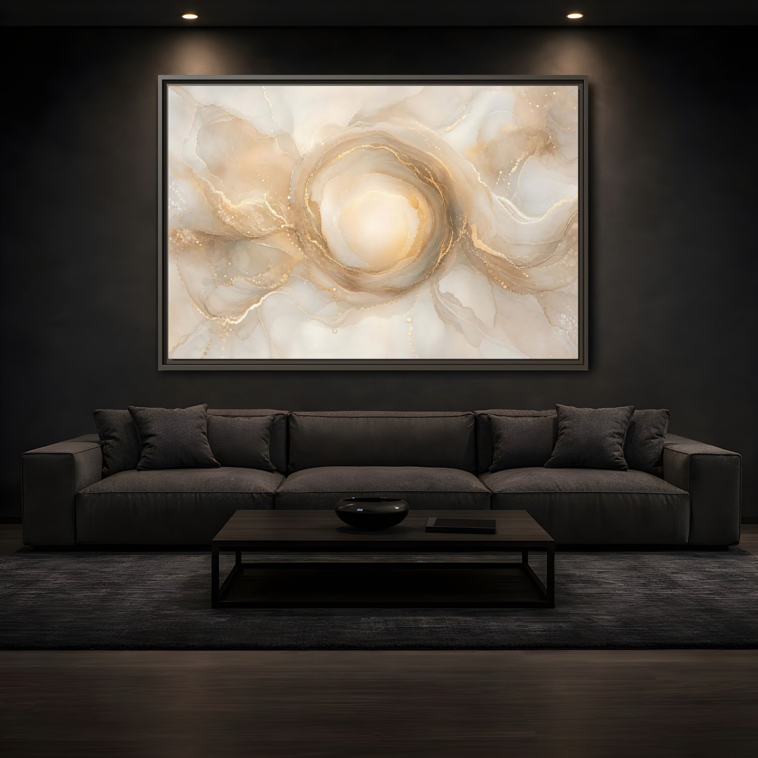 Mockup 3. Abstract Fluid Art Gold And Beige shown as stretched canvas wall art