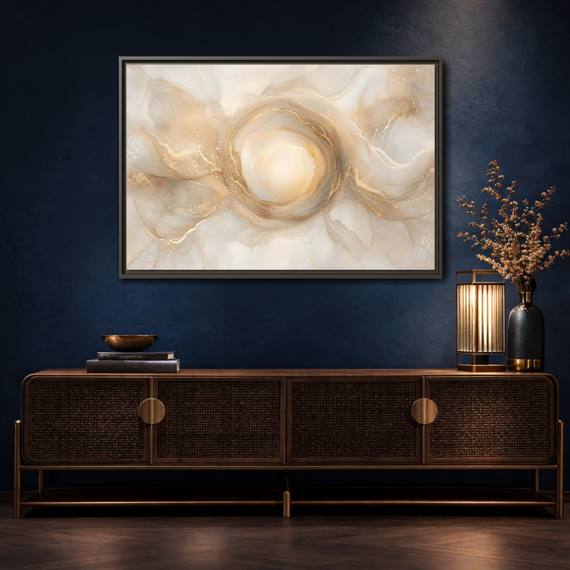 Mockup 4. Abstract Fluid Art Gold And Beige shown as stretched canvas wall art
