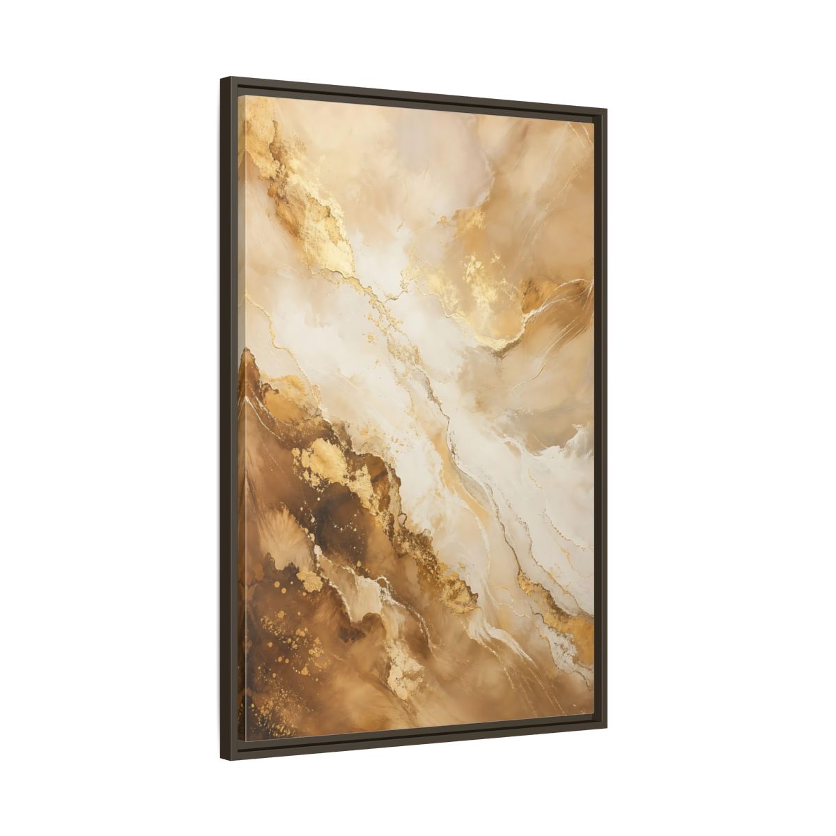 Main Mockup. Abstract Fluid Art Gold And Brown Abstract shown as stretched canvas wall art