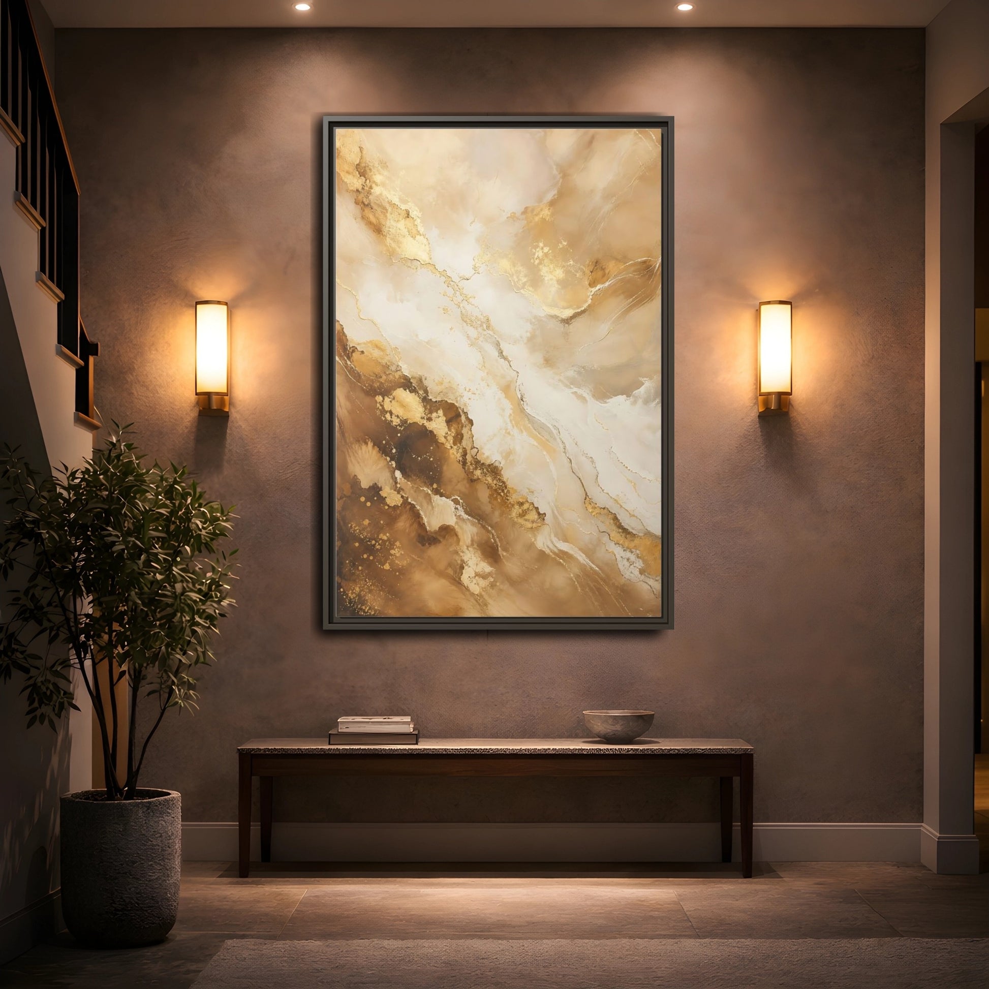 Mockup 2. Abstract Fluid Art Gold And Brown Abstract shown as stretched canvas wall art