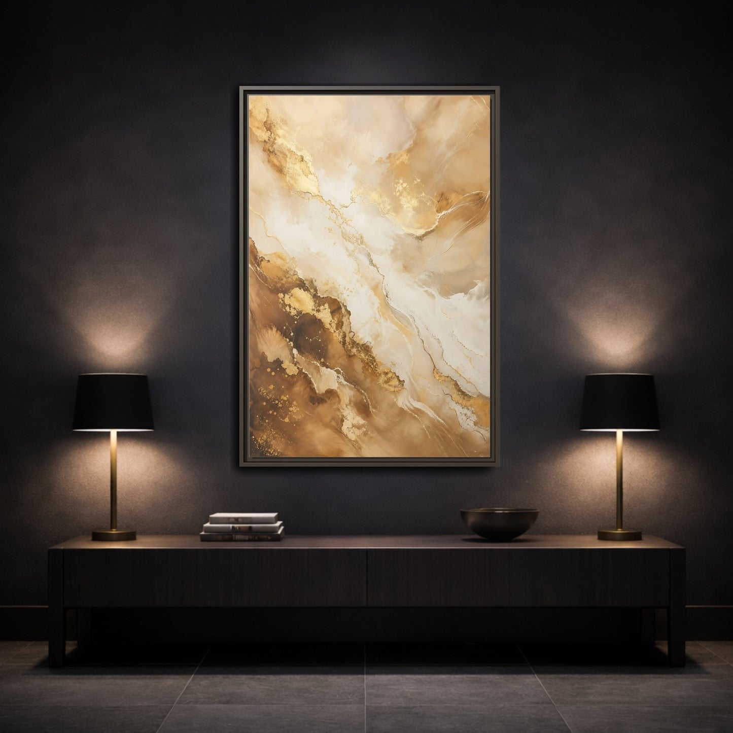 Mockup 3. Abstract Fluid Art Gold And Brown Abstract shown as stretched canvas wall art