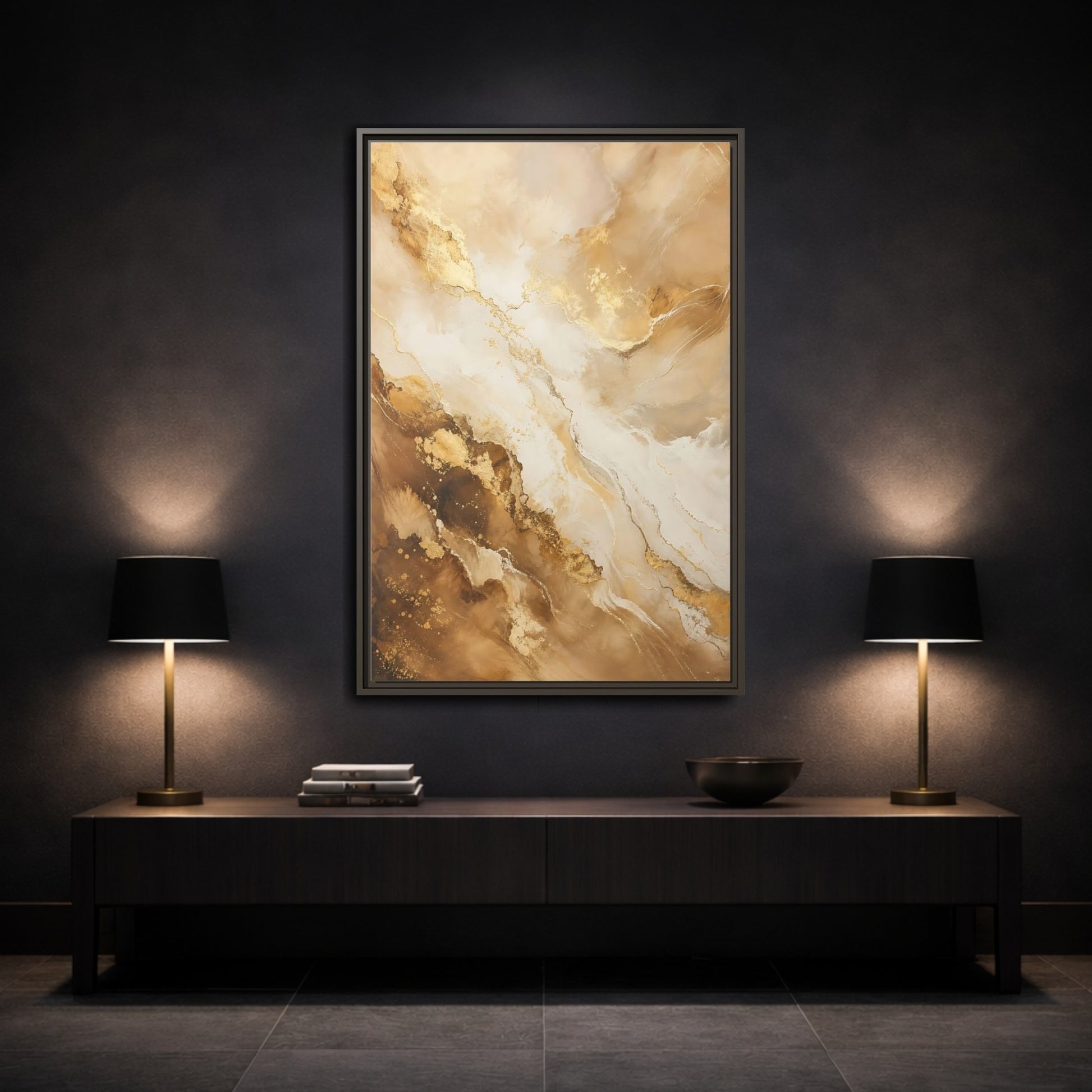 Mockup 3. Abstract Fluid Art Gold And Brown Abstract shown as stretched canvas wall art