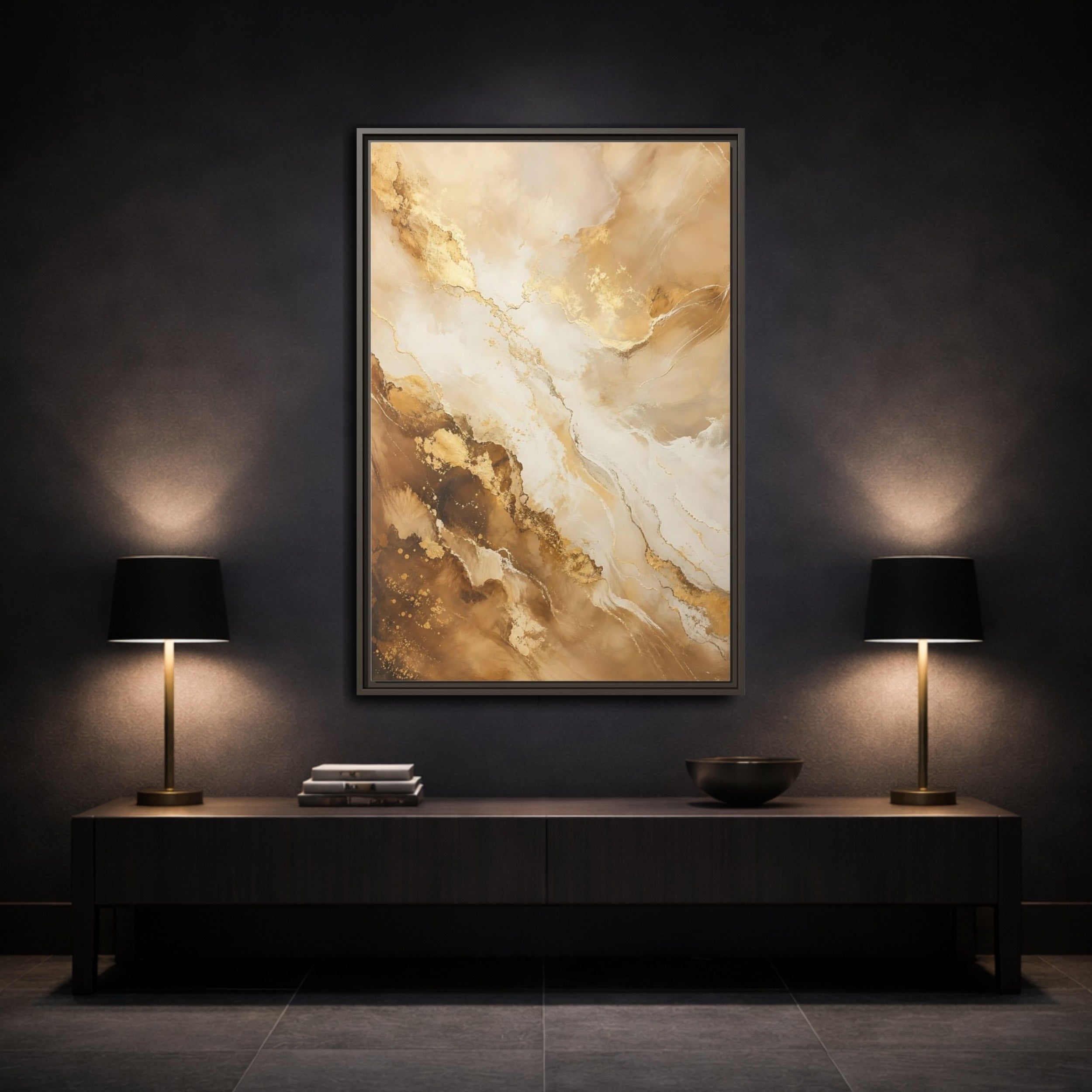 Mockup 3. Abstract Fluid Art Gold And Brown Abstract shown as stretched canvas wall art