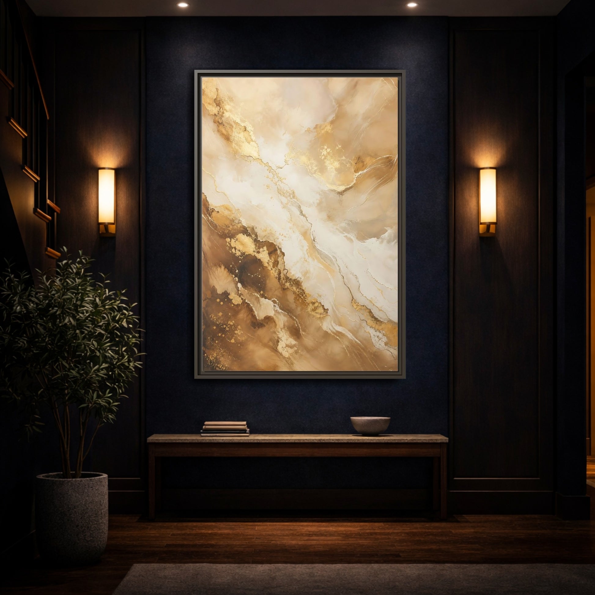 Mockup 4. Abstract Fluid Art Gold And Brown Abstract shown as stretched canvas wall art