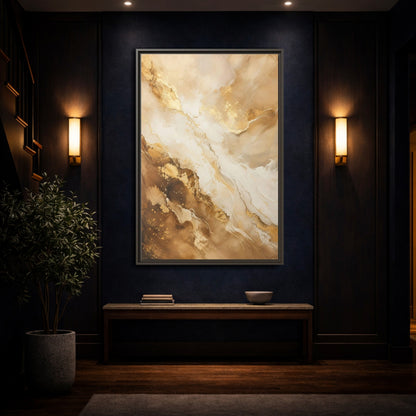 Mockup 4. Abstract Fluid Art Gold And Brown Abstract shown as stretched canvas wall art