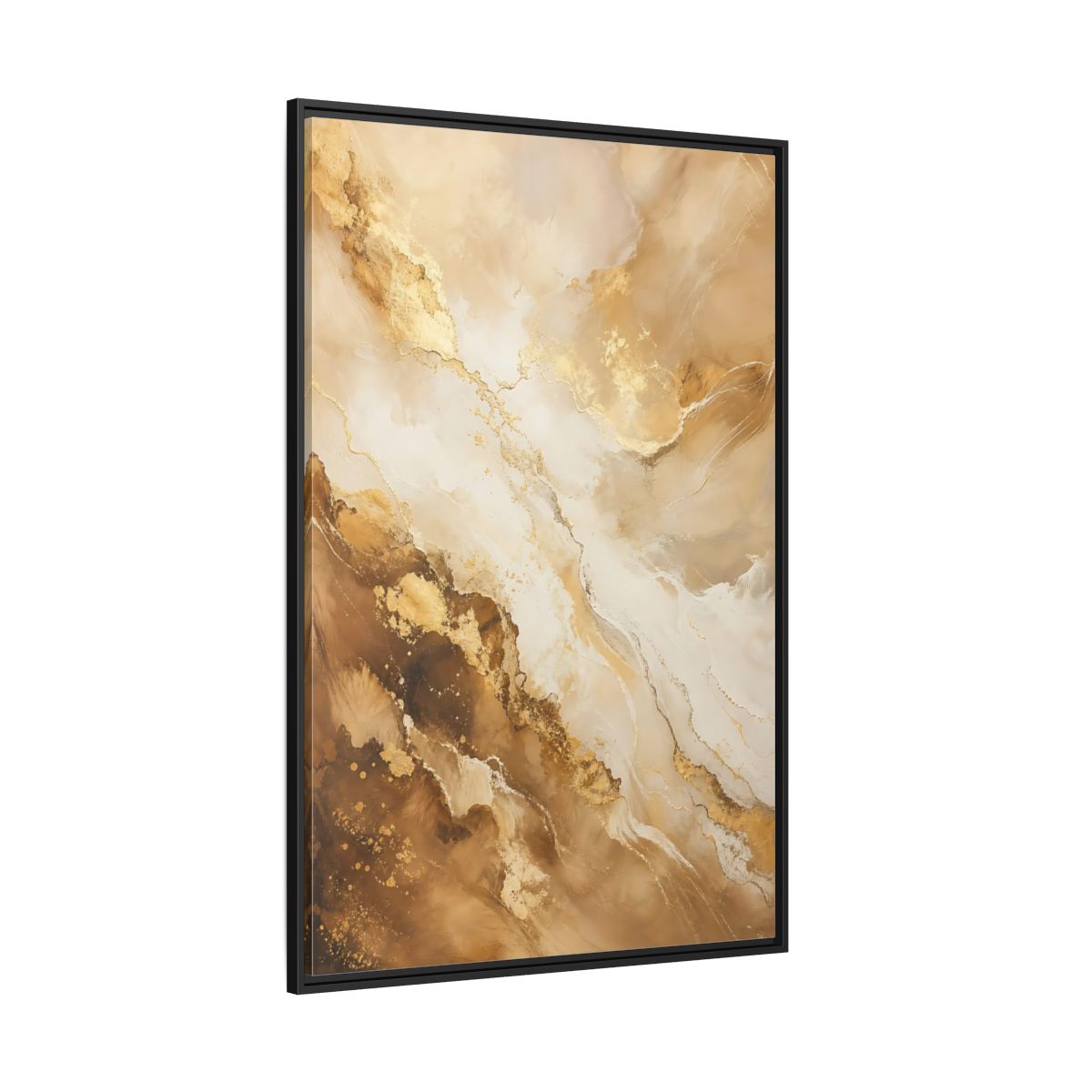 Side Mockup 12. Abstract Fluid Art Gold And Brown Abstract shown as stretched canvas wall art