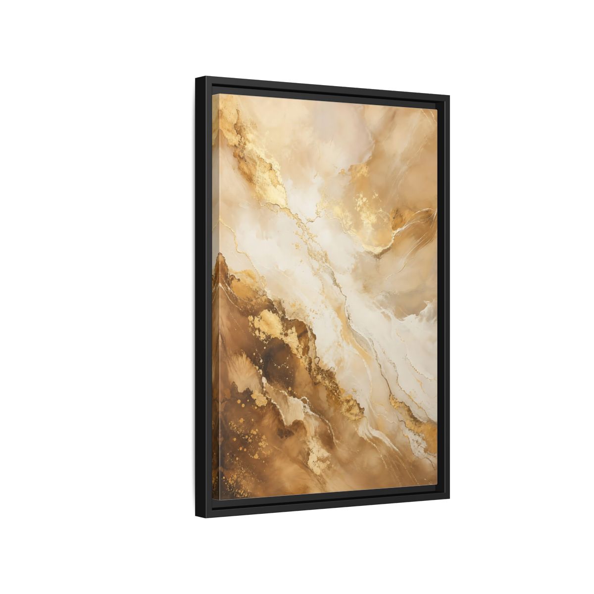 Side Mockup 3. Abstract Fluid Art Gold And Brown Abstract shown as stretched canvas wall art