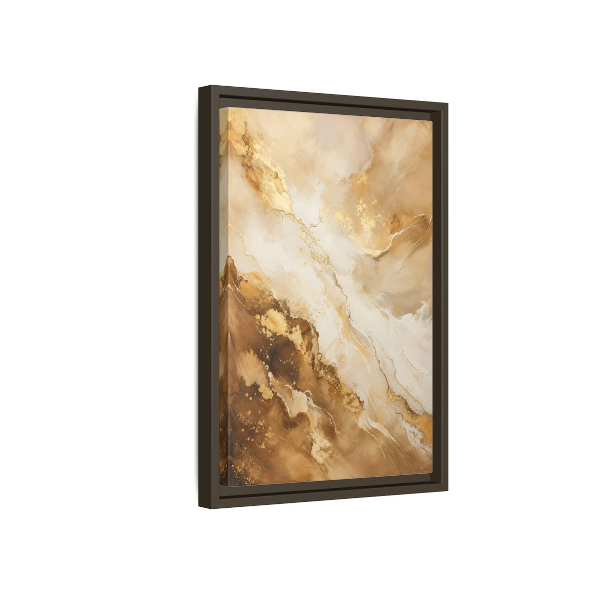 Side Mockup 5. Abstract Fluid Art Gold And Brown Abstract shown as stretched canvas wall art