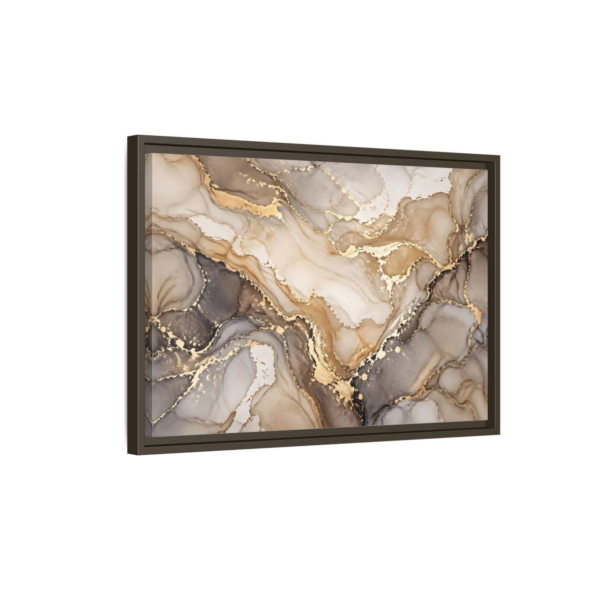 Side Mockup 2. Abstract Fluid Art Gold And Gray shown as stretched canvas wall art