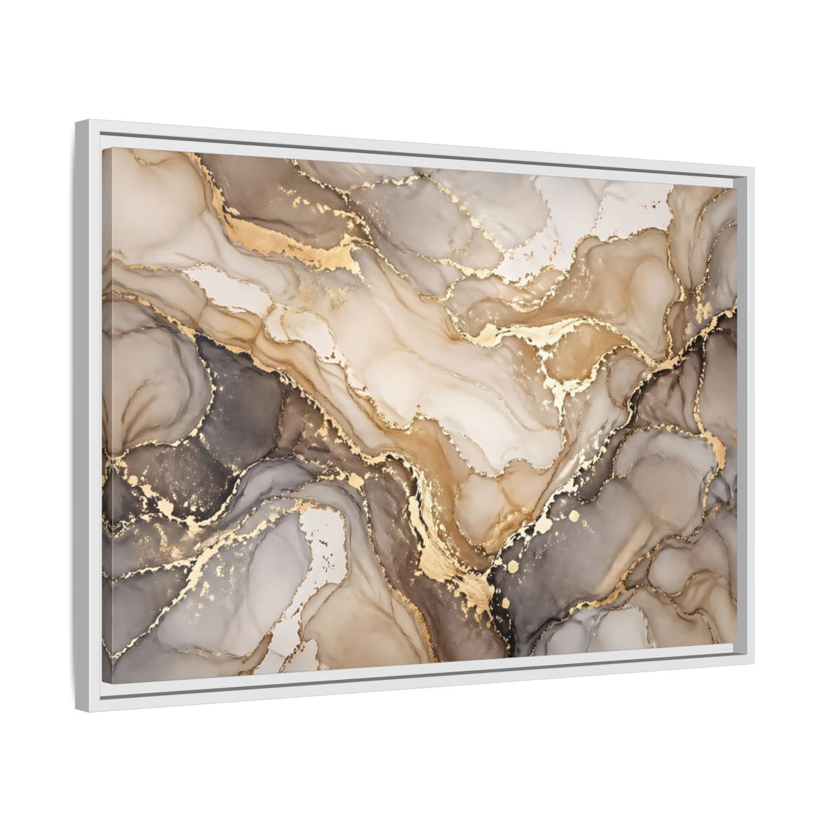 Side Mockup 10. Abstract Fluid Art Gold And Gray shown as stretched canvas wall art