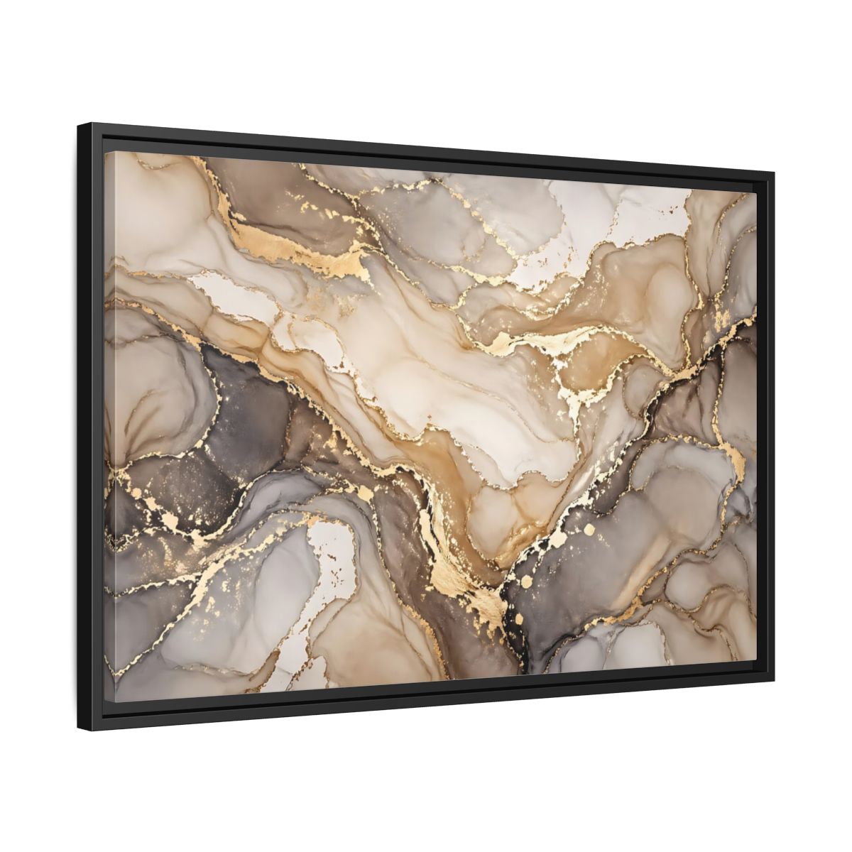 Side Mockup 14. Abstract Fluid Art Gold And Gray shown as stretched canvas wall art