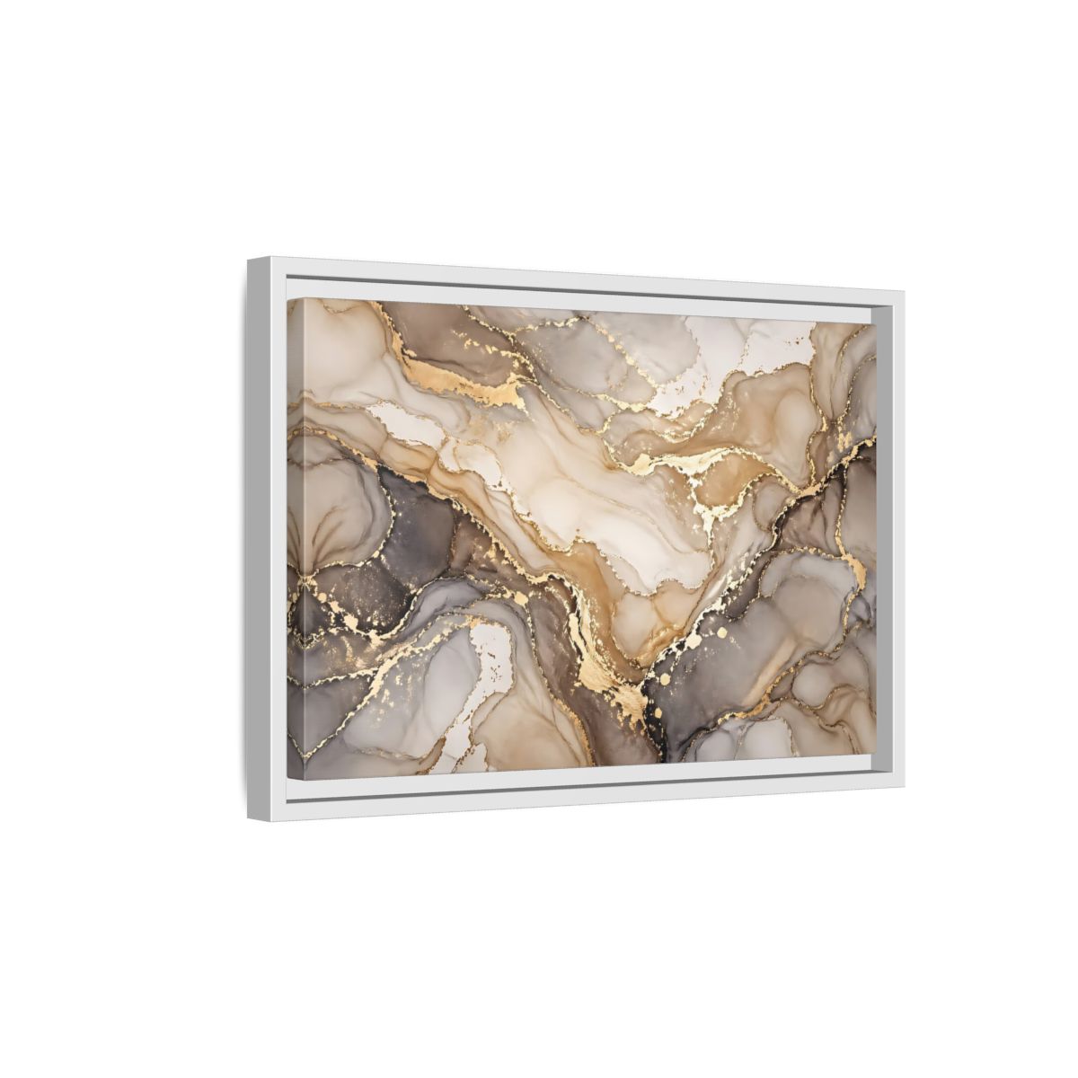 Side Mockup 4. Abstract Fluid Art Gold And Gray shown as stretched canvas wall art
