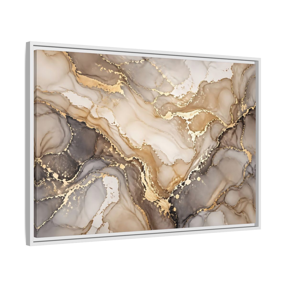 Side Mockup 9. Abstract Fluid Art Gold And Gray shown as stretched canvas wall art