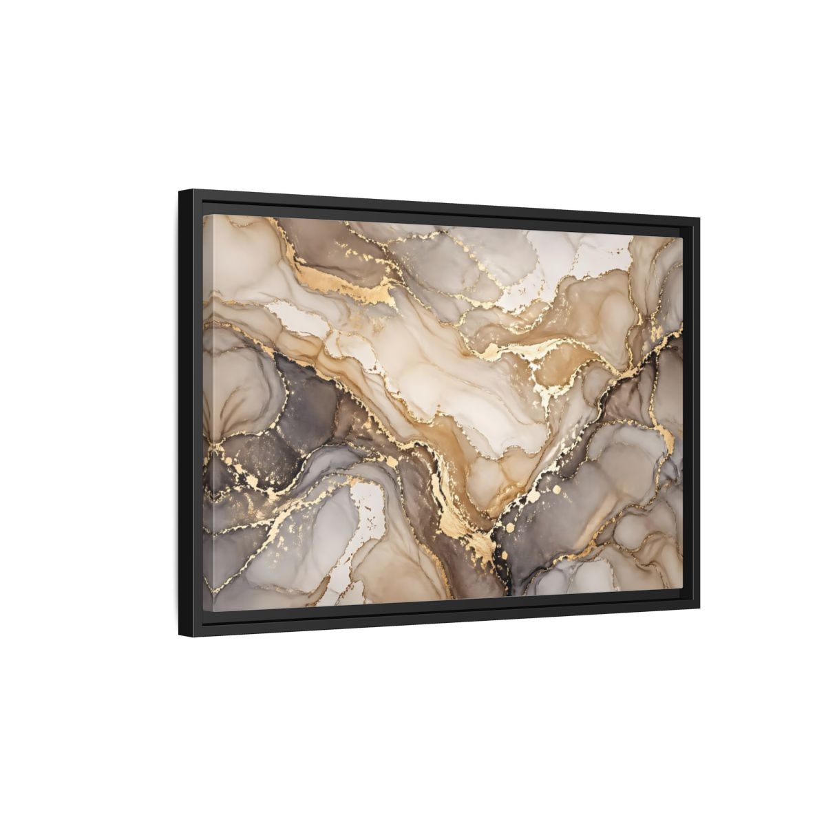 Side Mockup 3. Abstract Fluid Art Gold And Gray shown as stretched canvas wall art