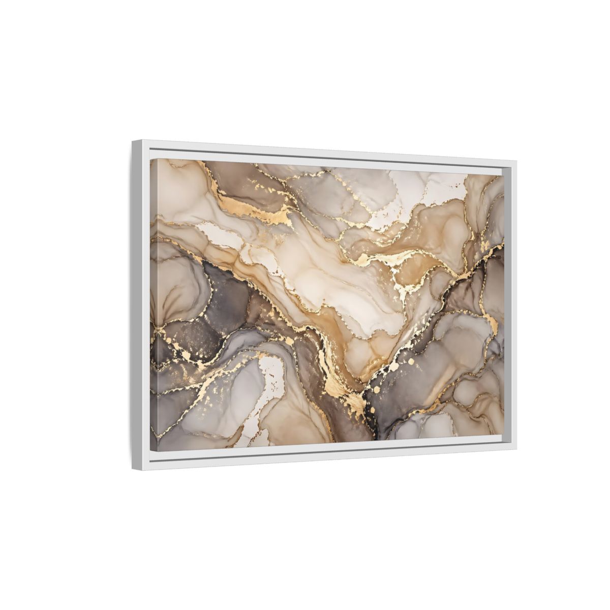 Side Mockup 1. Abstract Fluid Art Gold And Gray shown as stretched canvas wall art