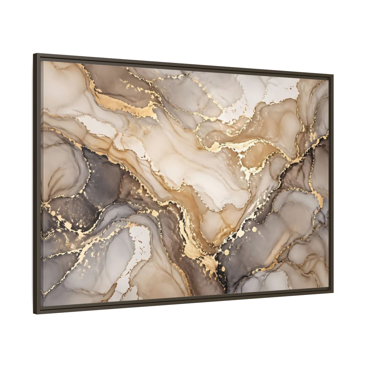 Side Mockup 8. Abstract Fluid Art Gold And Gray shown as stretched canvas wall art