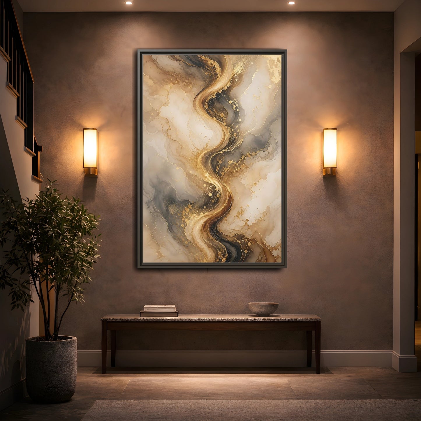 Abstract Fluid Art Gold and Gray Framed Canvas Wall Art - Living Room, Above Sofa shown as canvas wall art