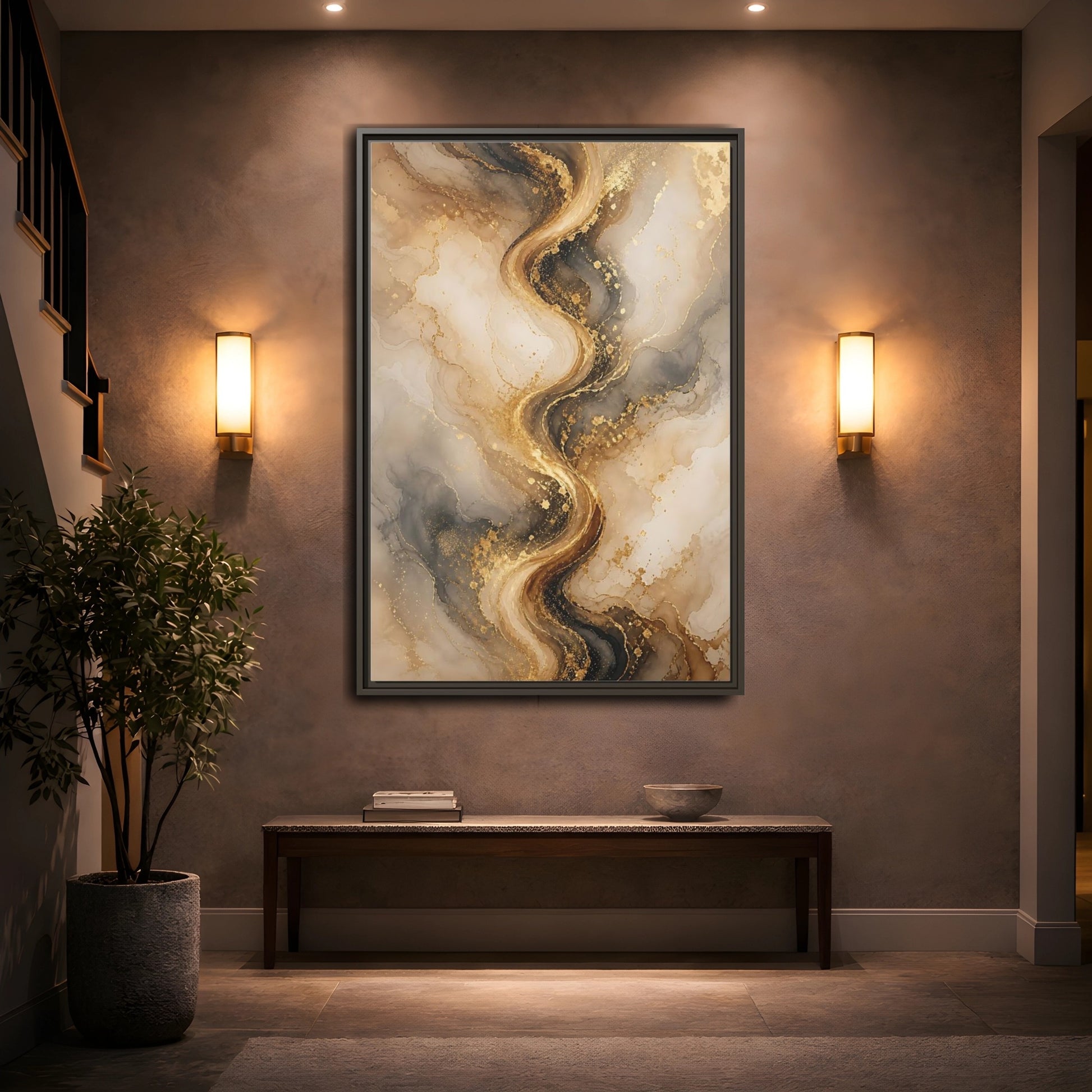 Abstract Fluid Art Gold and Gray Framed Canvas Wall Art - Living Room, Above Sofa shown as canvas wall art