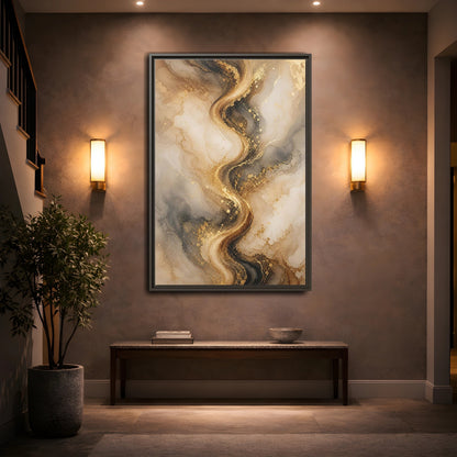 Abstract Fluid Art Gold and Gray Framed Canvas Wall Art - Living Room, Above Sofa shown as canvas wall art