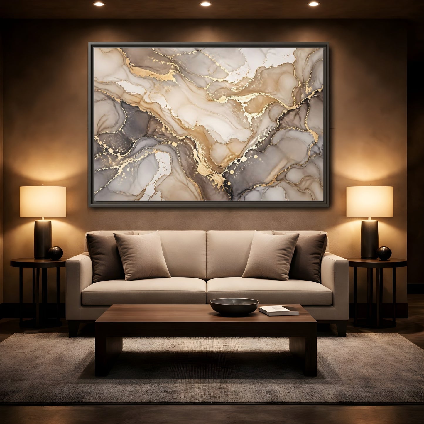 Mockup 2. Abstract Fluid Art Gold And Gray shown as stretched canvas wall art