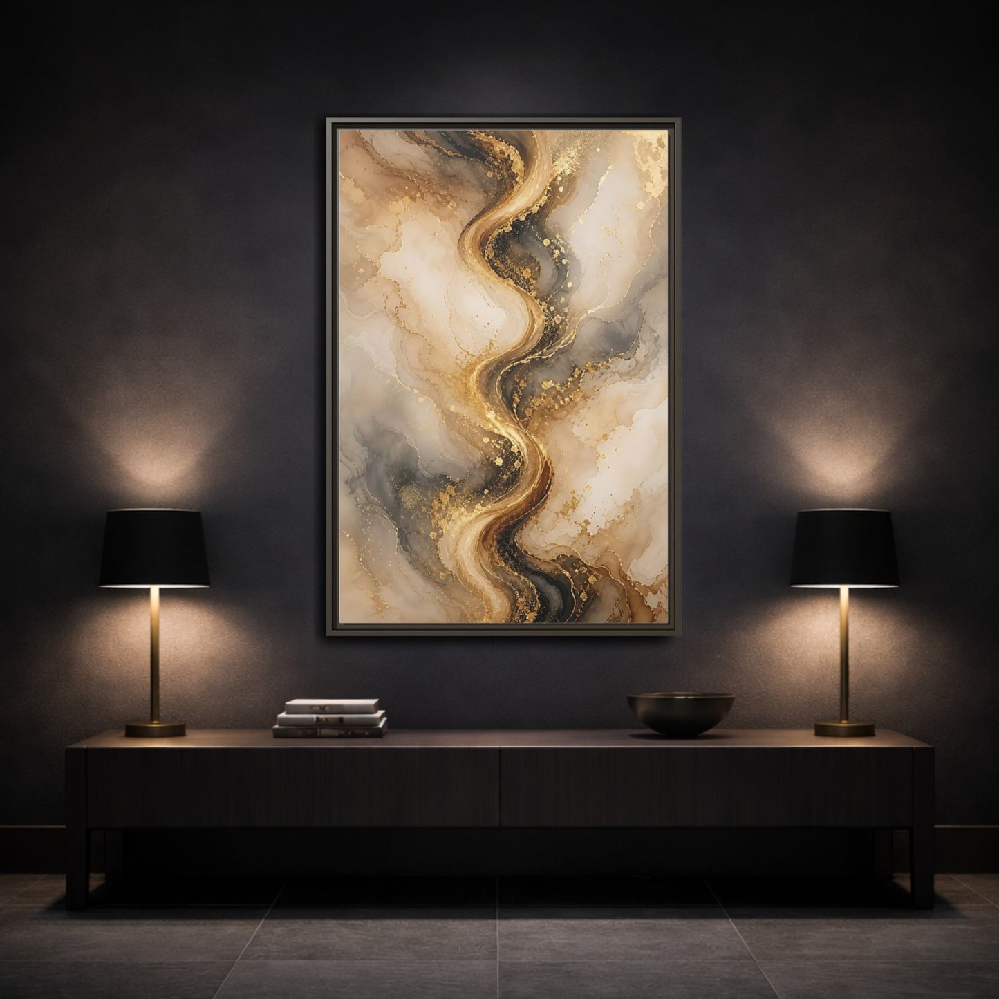 Abstract Fluid Art Gold and Gray Framed Canvas Wall Art - Living Room, Above Sofa shown as canvas wall art