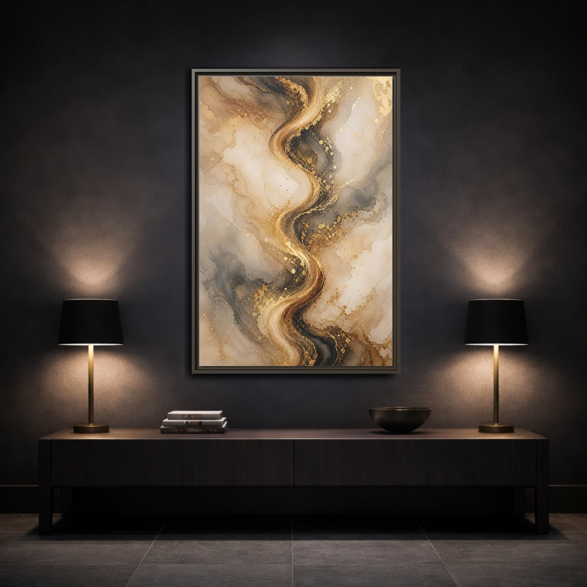 Abstract Fluid Art Gold and Gray Framed Canvas Wall Art - Living Room, Above Sofa shown as canvas wall art