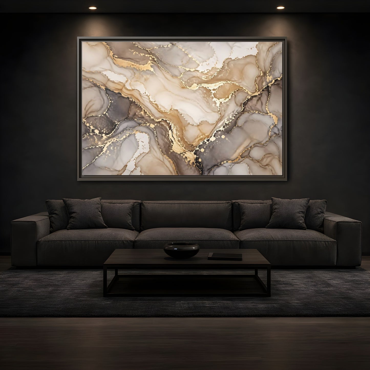 Mockup 3. Abstract Fluid Art Gold And Gray shown as stretched canvas wall art