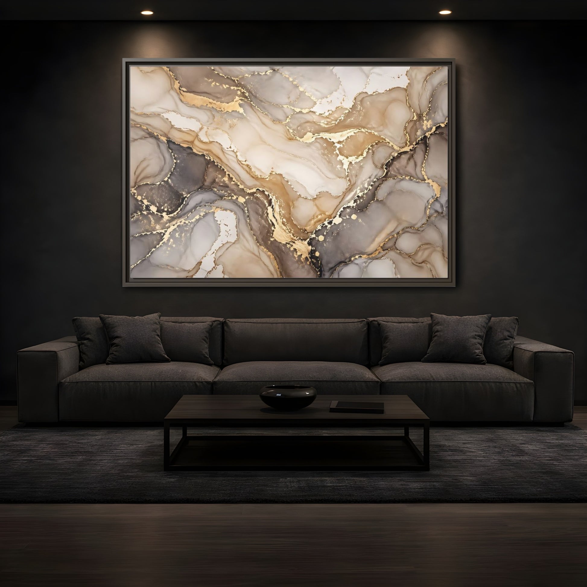 Mockup 3. Abstract Fluid Art Gold And Gray shown as stretched canvas wall art