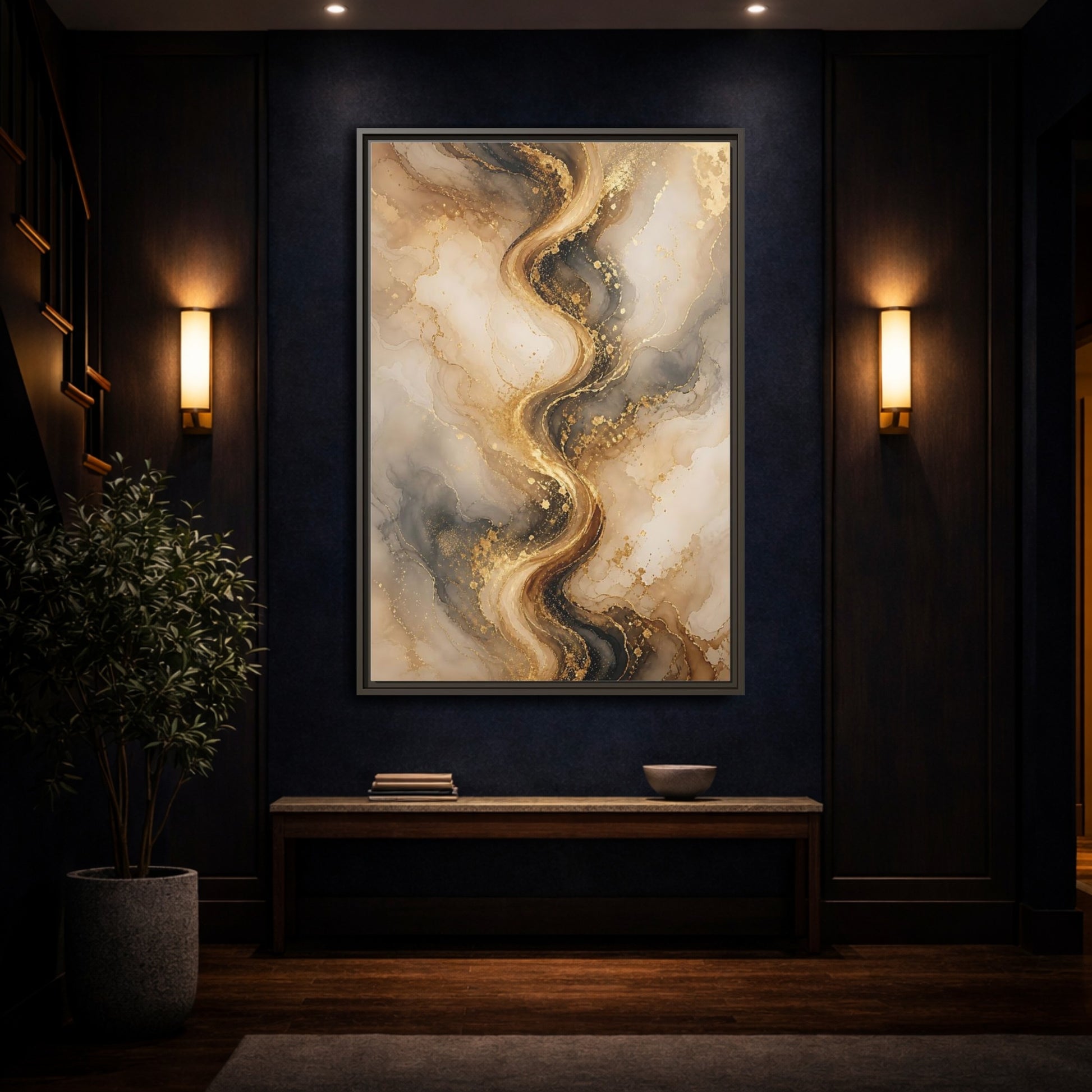 Abstract Fluid Art Gold and Gray Framed Canvas Wall Art - Living Room, Above Sofa shown as canvas wall art