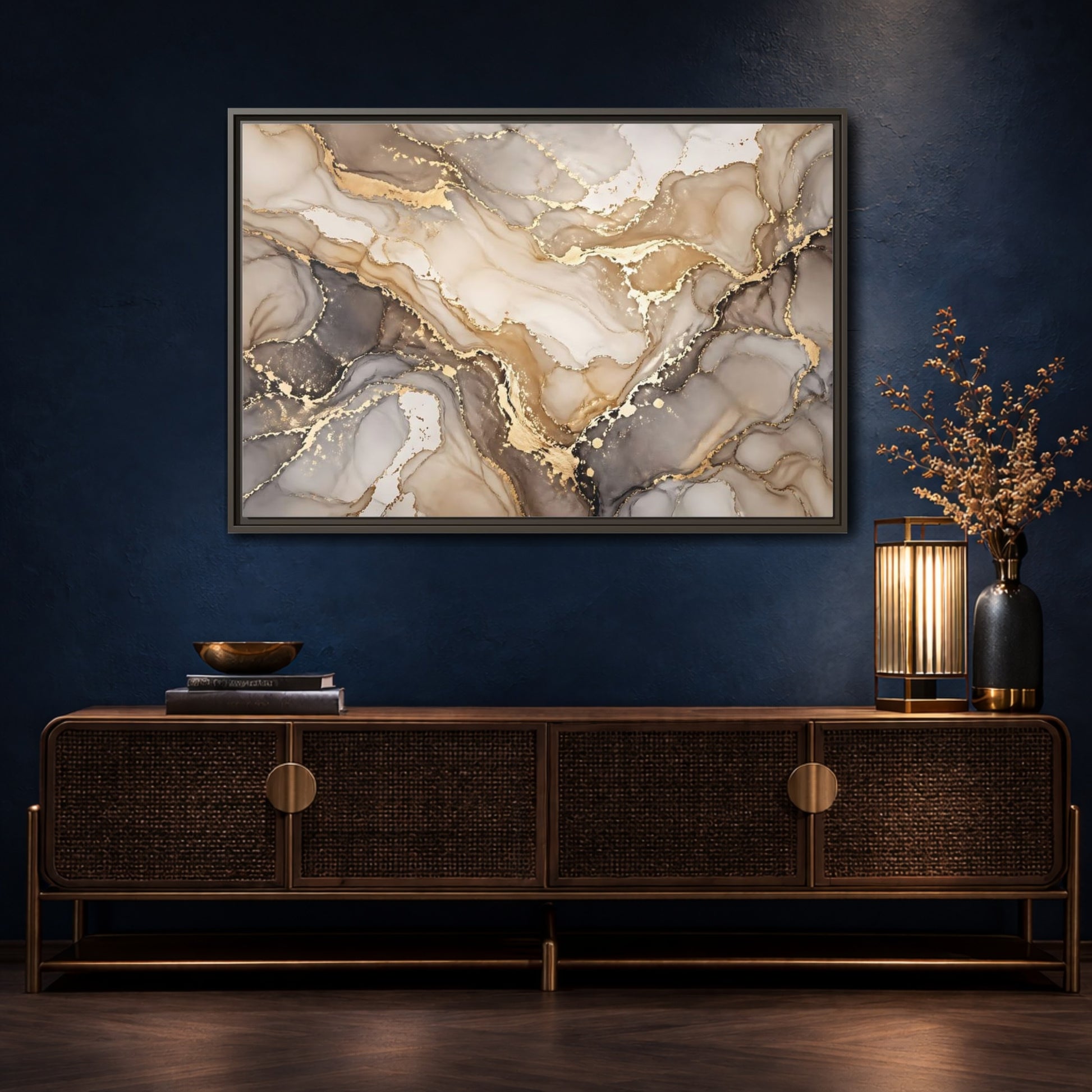 Mockup 4. Abstract Fluid Art Gold And Gray shown as stretched canvas wall art