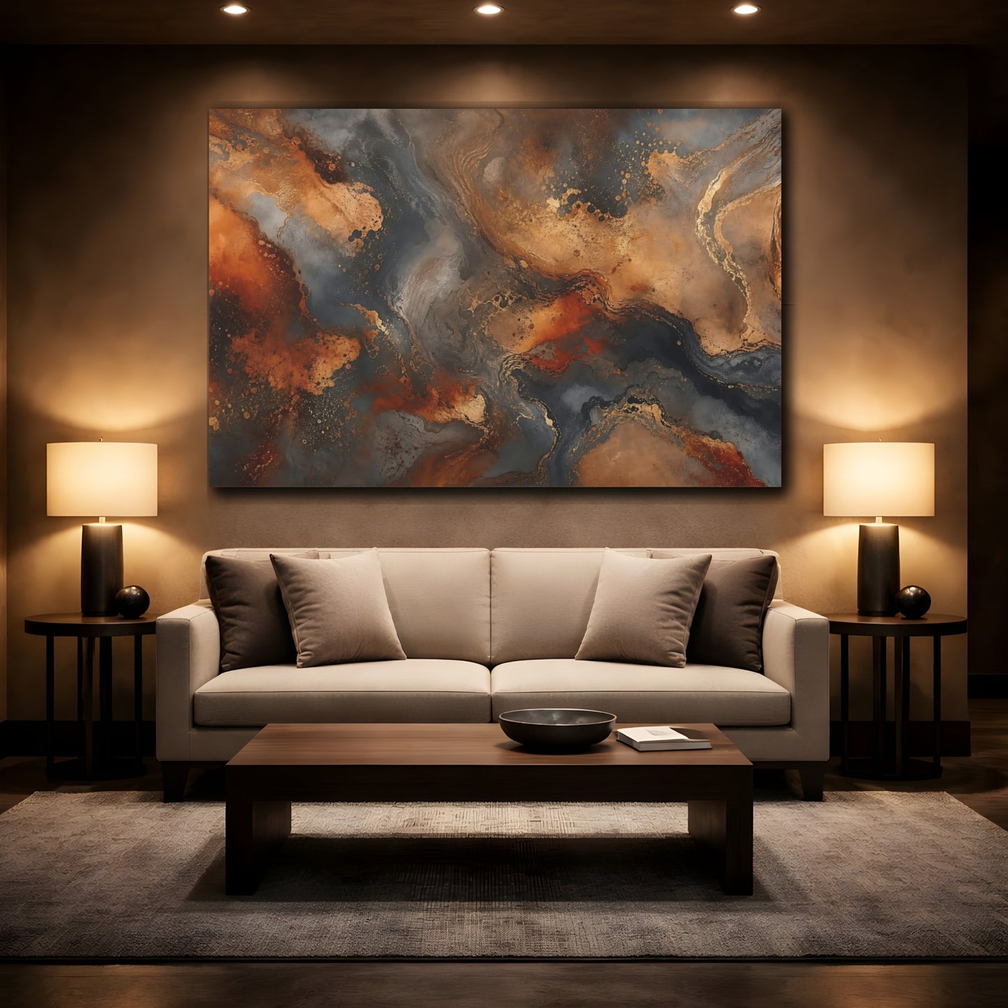 Mockup 2. Abstract Fluid Art Gold And Grey Abstract shown as stretched canvas wall art