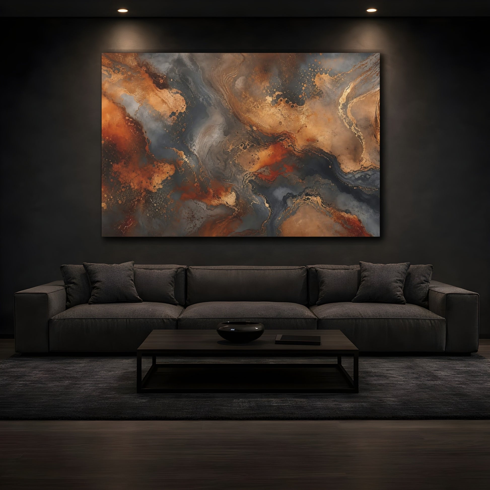 Mockup 3. Abstract Fluid Art Gold And Grey Abstract shown as stretched canvas wall art