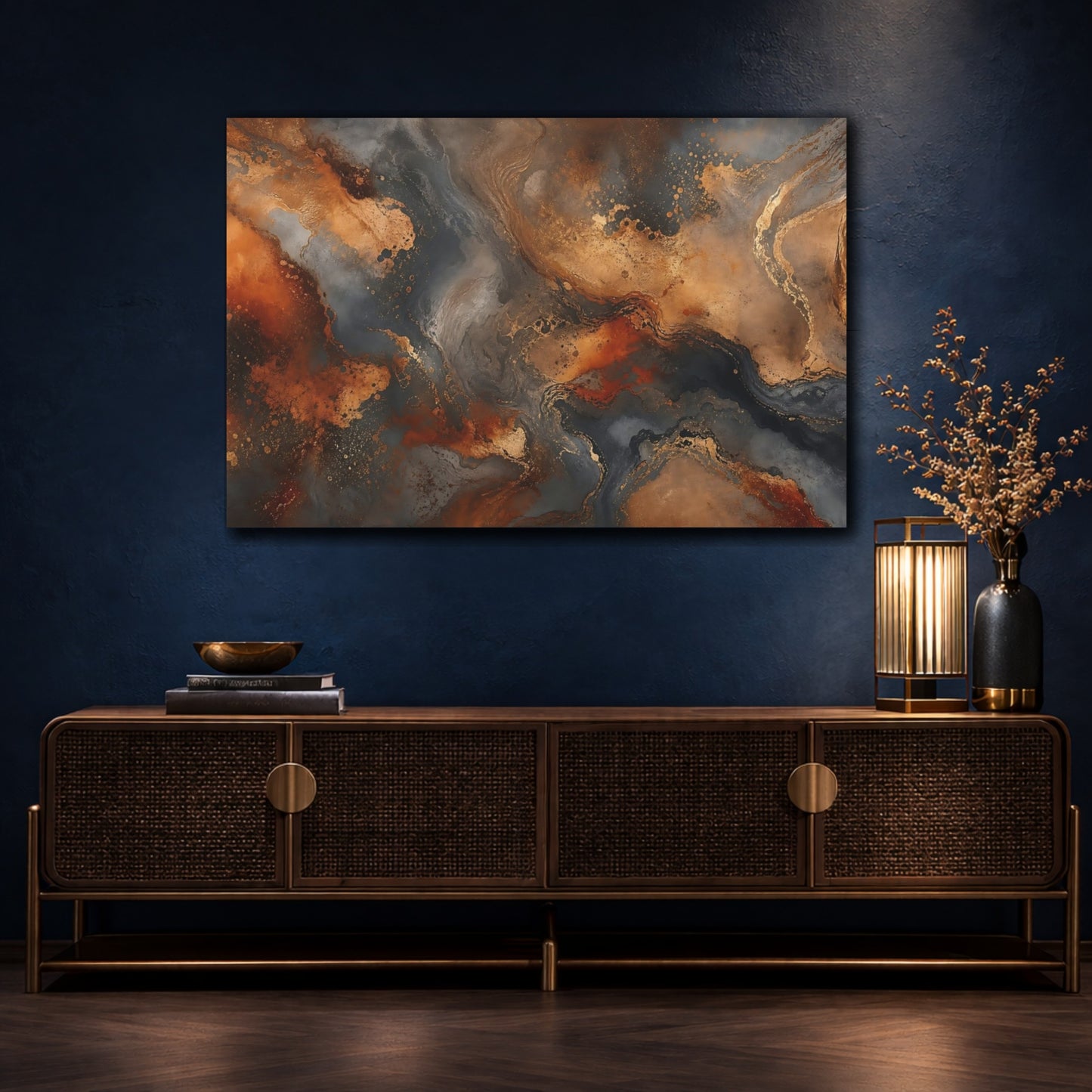Mockup 4. Abstract Fluid Art Gold And Grey Abstract shown as stretched canvas wall art