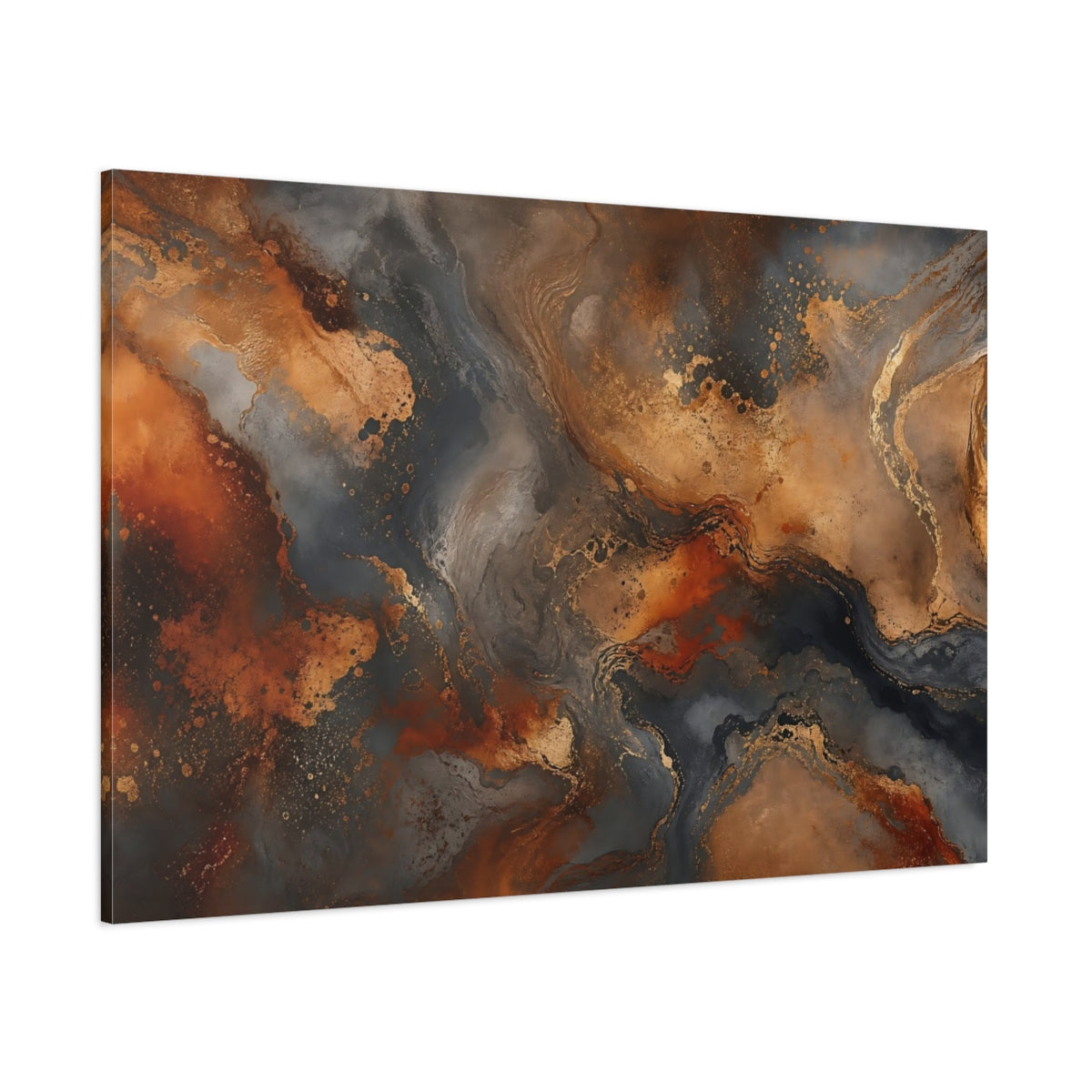 Side Mockup 1. Abstract Fluid Art Gold And Grey Abstract shown as stretched canvas wall art