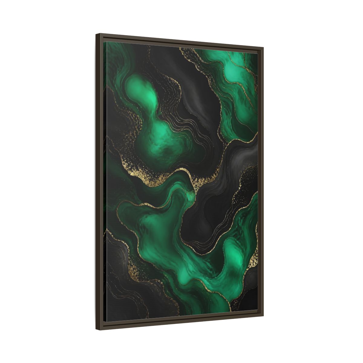 Main Mockup. Abstract Fluid Art Green And Gold shown as stretched canvas wall art