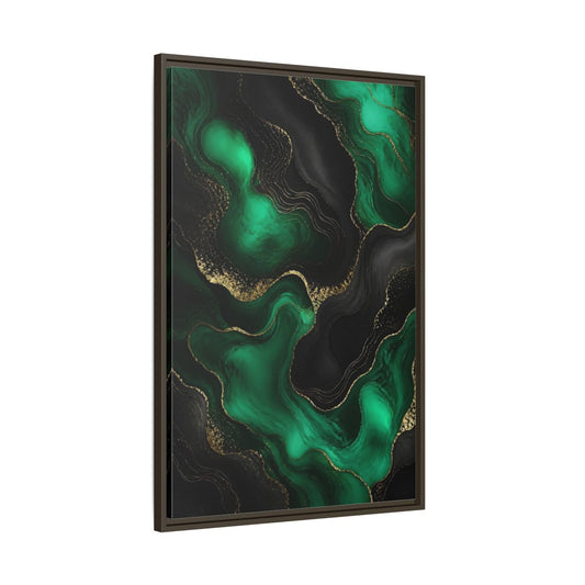 Main Mockup. Abstract Fluid Art Green And Gold shown as stretched canvas wall art