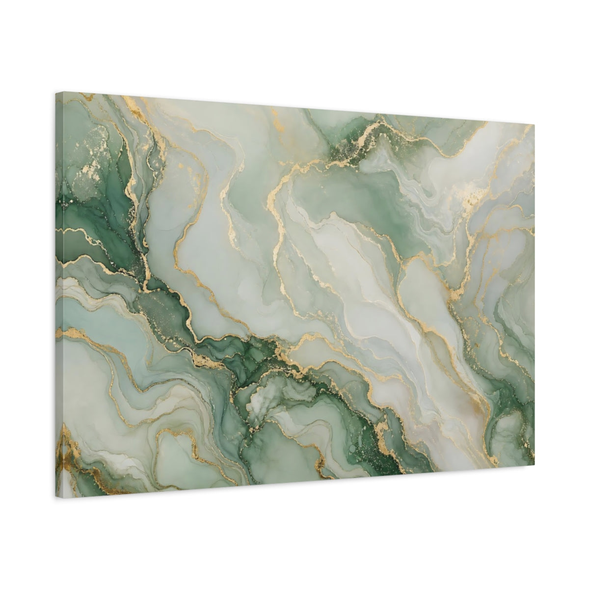 Main Mockup. Abstract Fluid Art Green And Gold shown as stretched canvas wall art