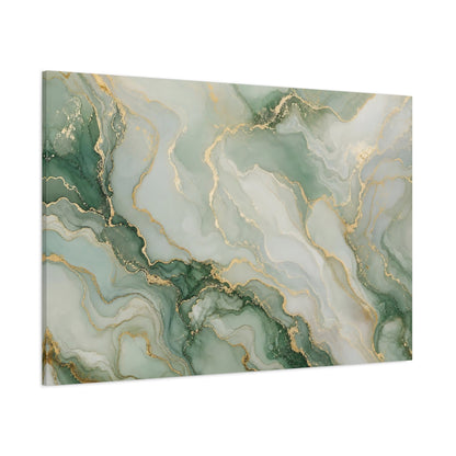 Side Mockup 1. Abstract Fluid Art Green And Gold shown as stretched canvas wall art