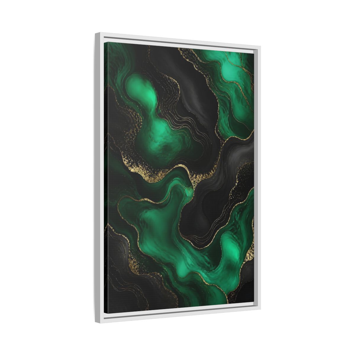 Side Mockup 10. Abstract Fluid Art Green And Gold shown as stretched canvas wall art